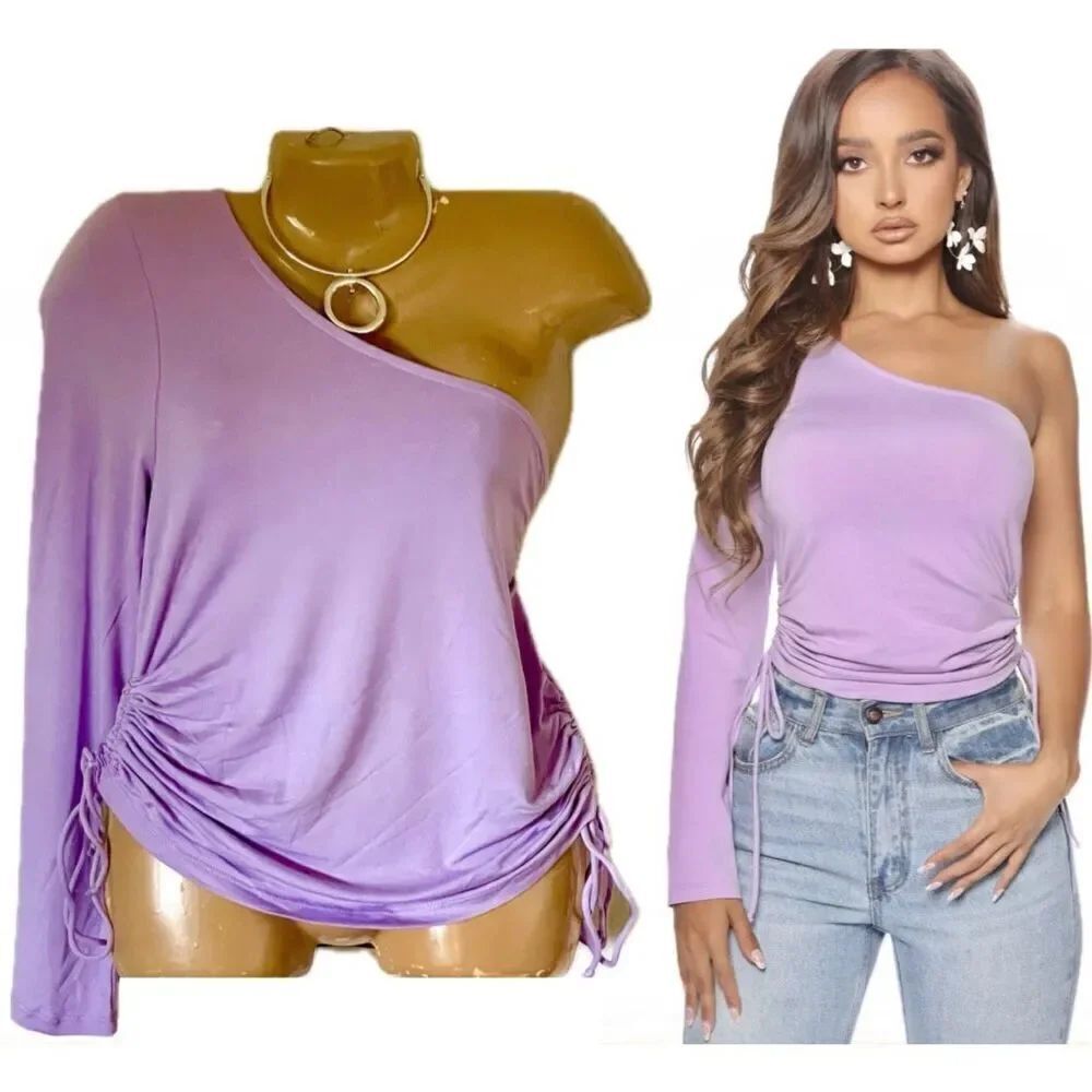 NWT Ambiance 1X Stretchy One Cold Shoulder Long Sleeve Purple / Lilac Ruched Top